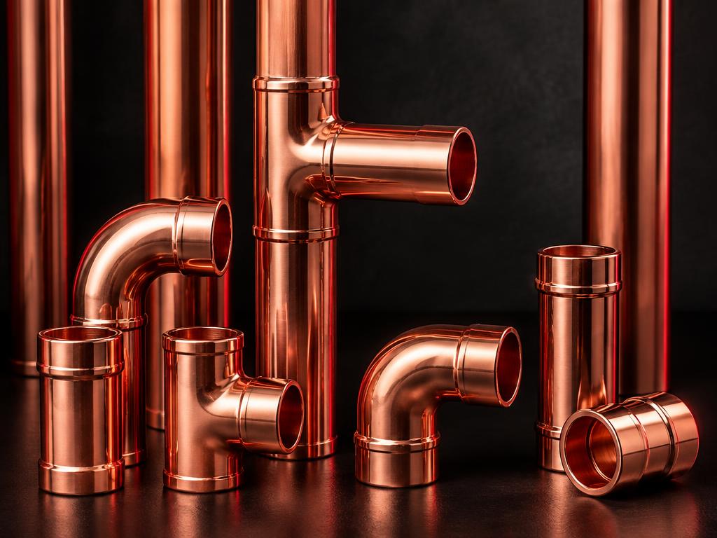 Copper gas pipes with copper elbows, tees and couplings